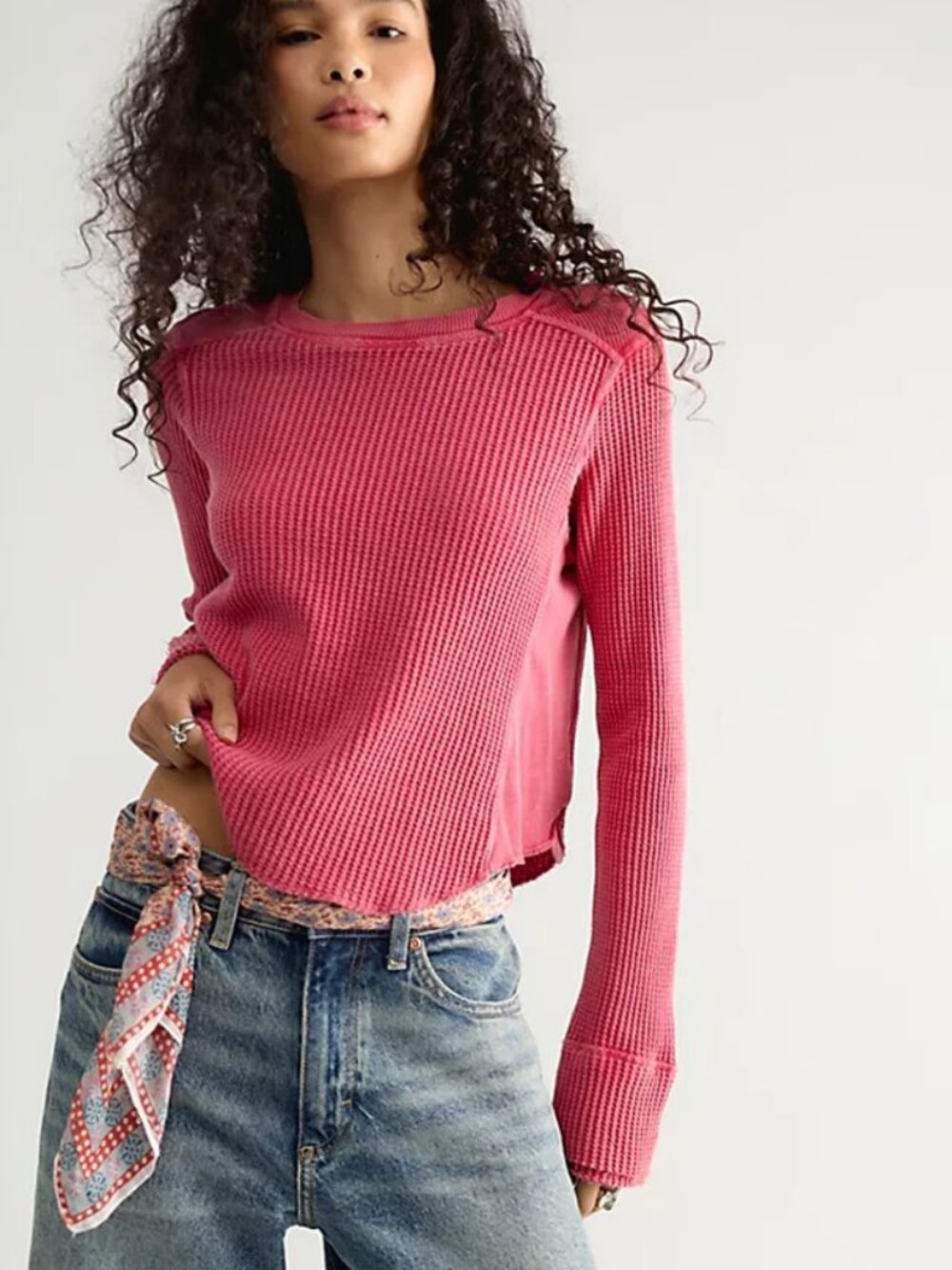 Free People FP One Blake Shrunken Crew Neck Thermal Long Sleeve Top M